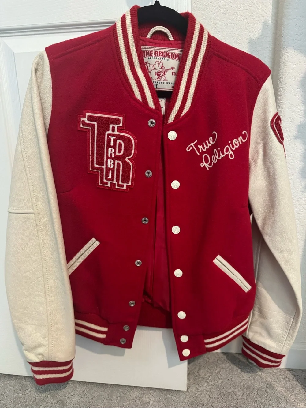 True Religion Women’s/ Men Red and White Varsity Jacket